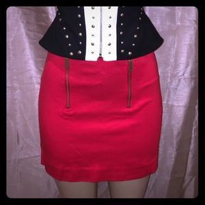 Express Red Mini Pencil Skirt w/ Gold Zip& Buttons